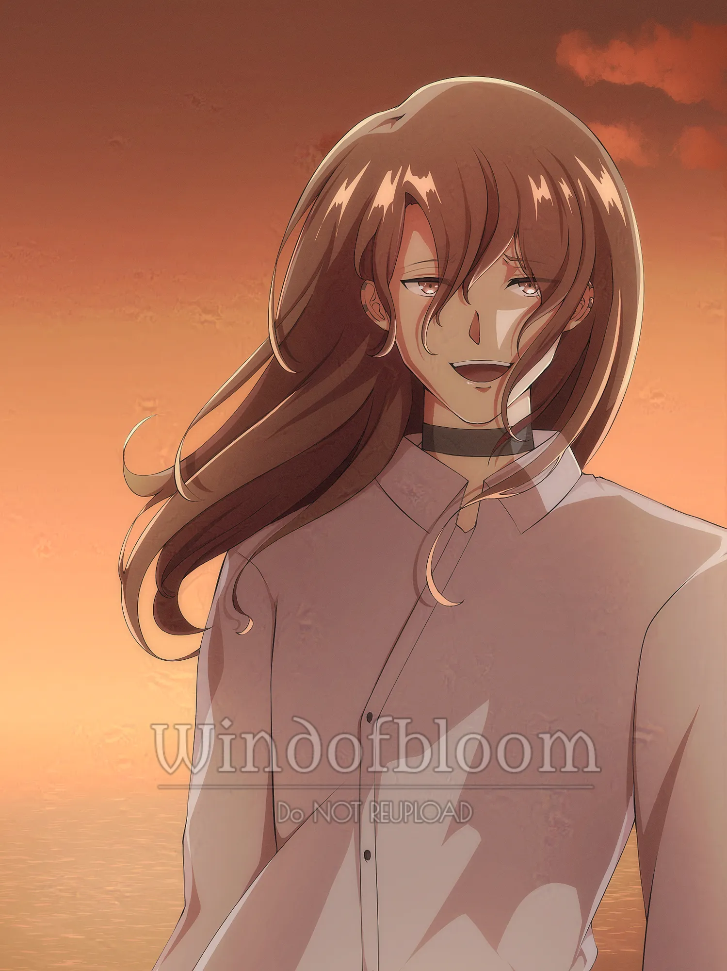 Digital art of a young man with long wavy brown hair smiling to the viewer during a sunset