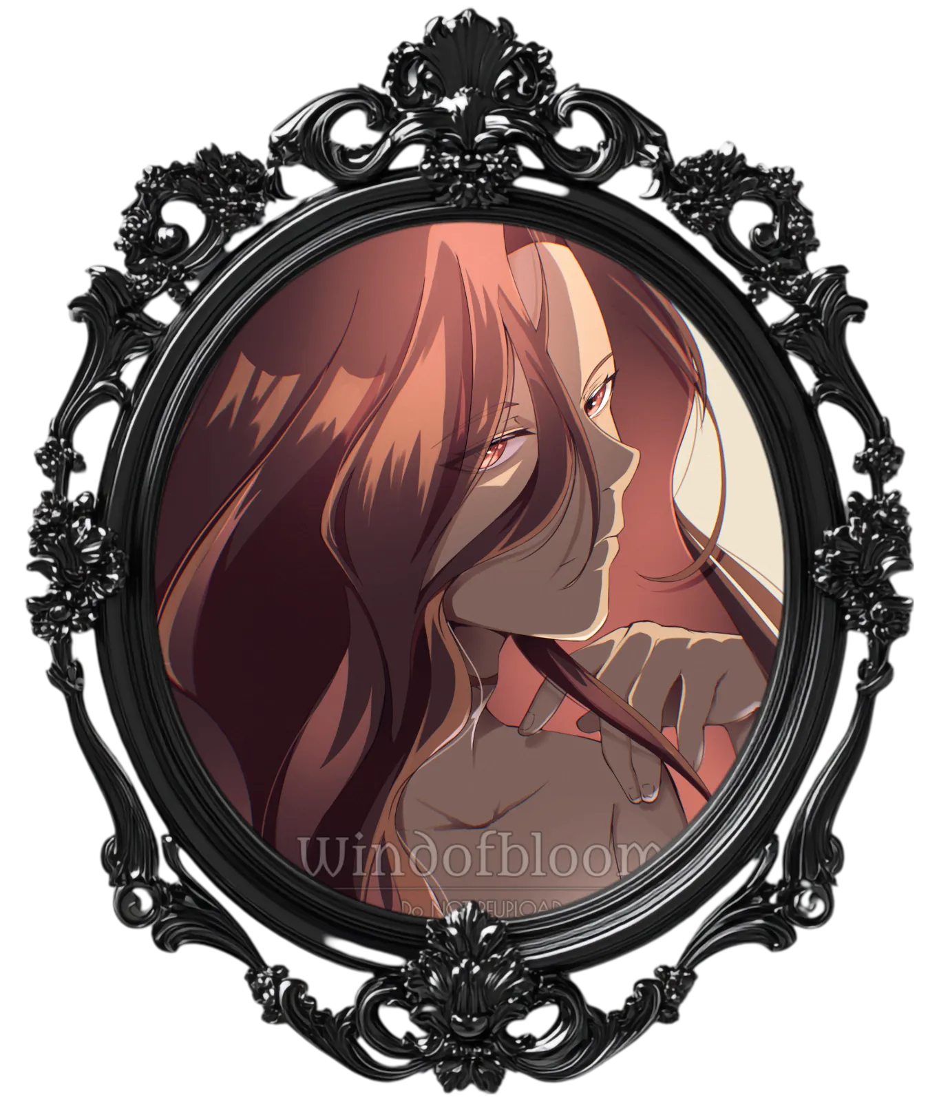 Digital art of a woman wearing a black hat, black mask and golden gloves with a black gothic dress inside a black gothic style mirror frame