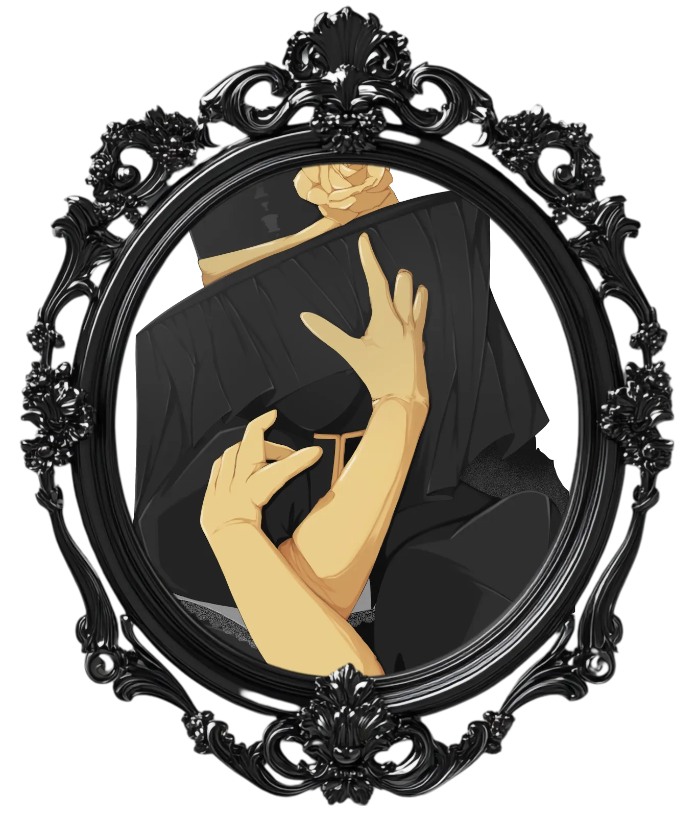 Digital art of a woman wearing a black hat, black mask and golden gloves with a black gothic dress inside a black gothic style mirror frame