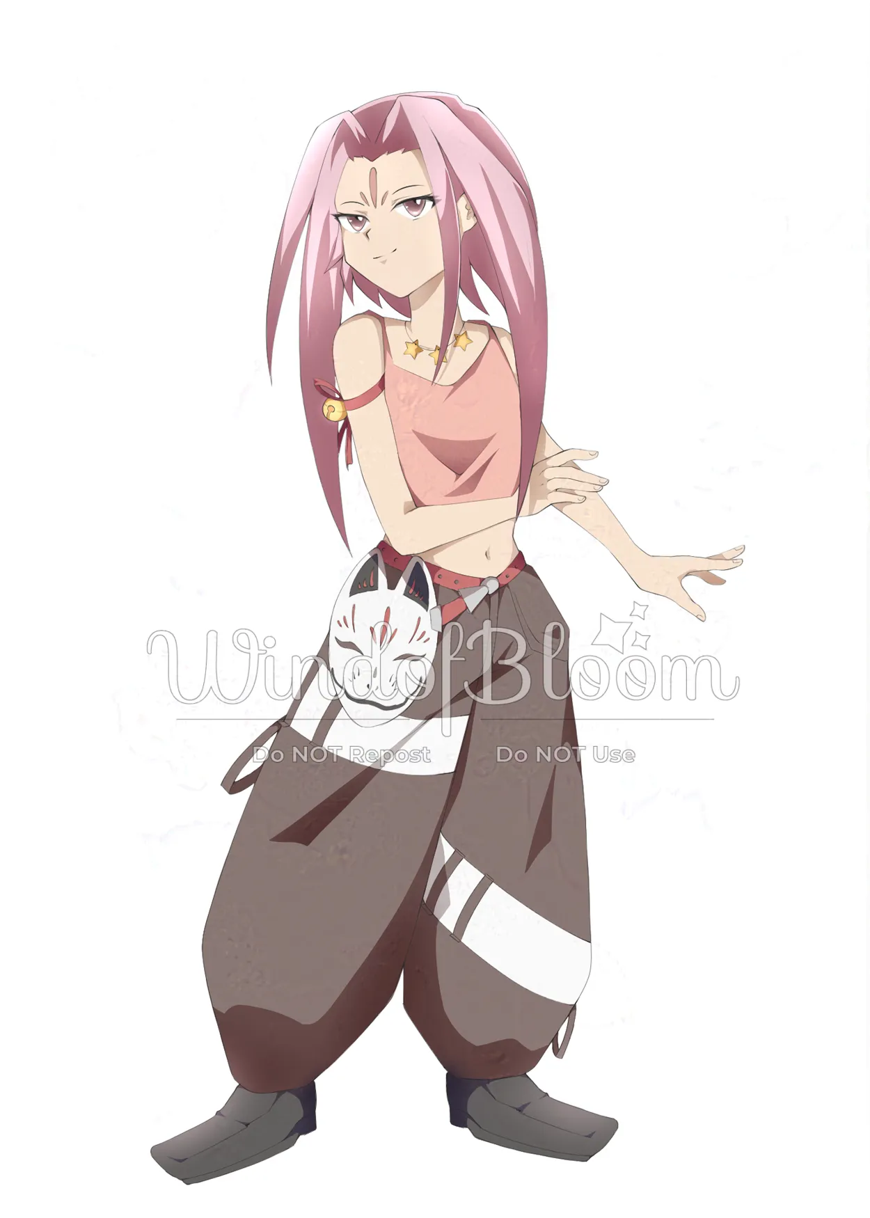 Digital art of a young pink haired girl wearing a pink top, black baggy pants wearing a white kitsune mask in her belt.