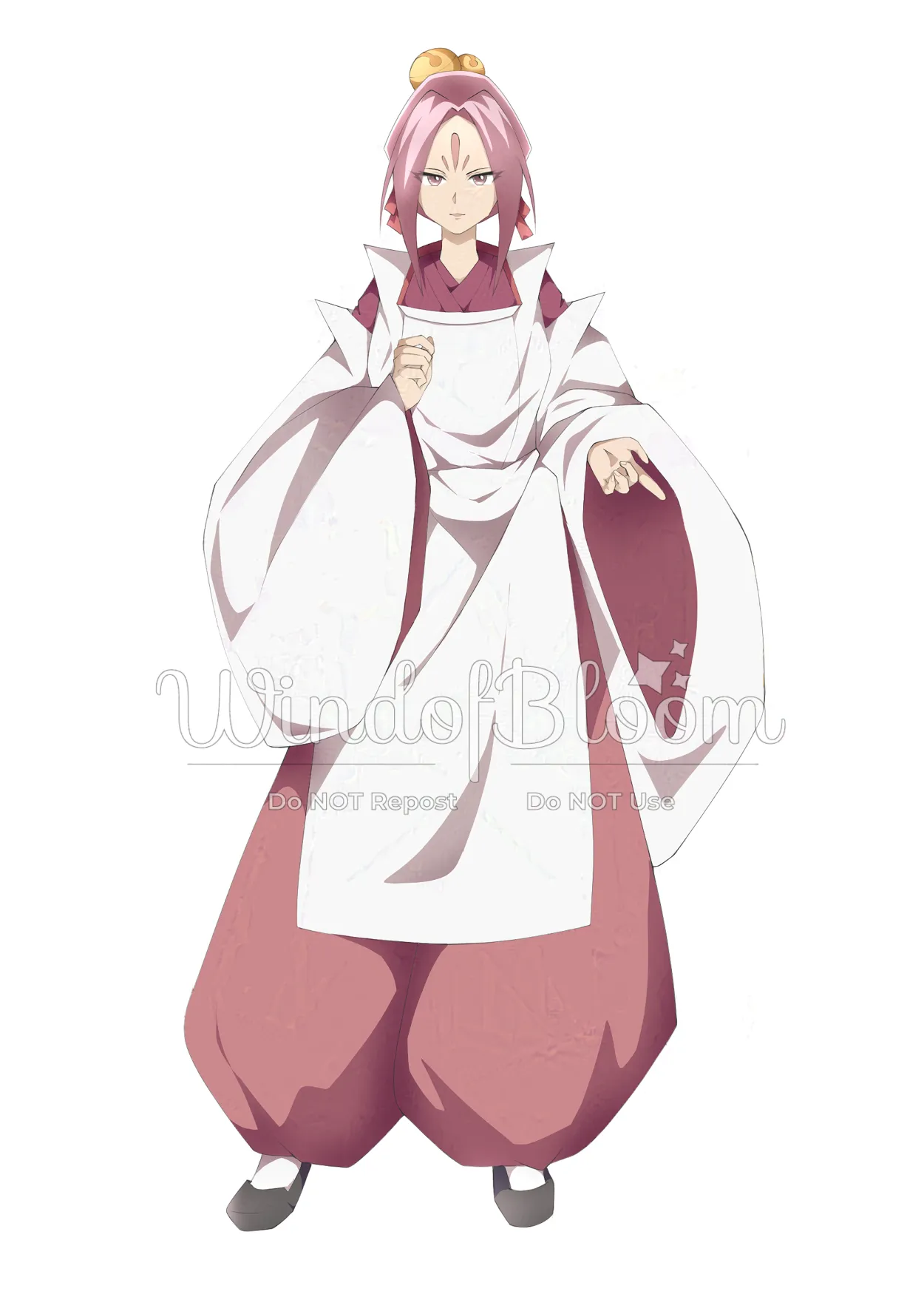 Digital art of a young woman wearing a traditional Japanese outfit white and pink in Shaman King style.