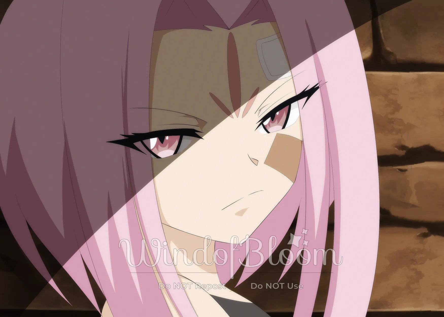 Digital art of a young girl with short pink hair looking annoyied at the viewer