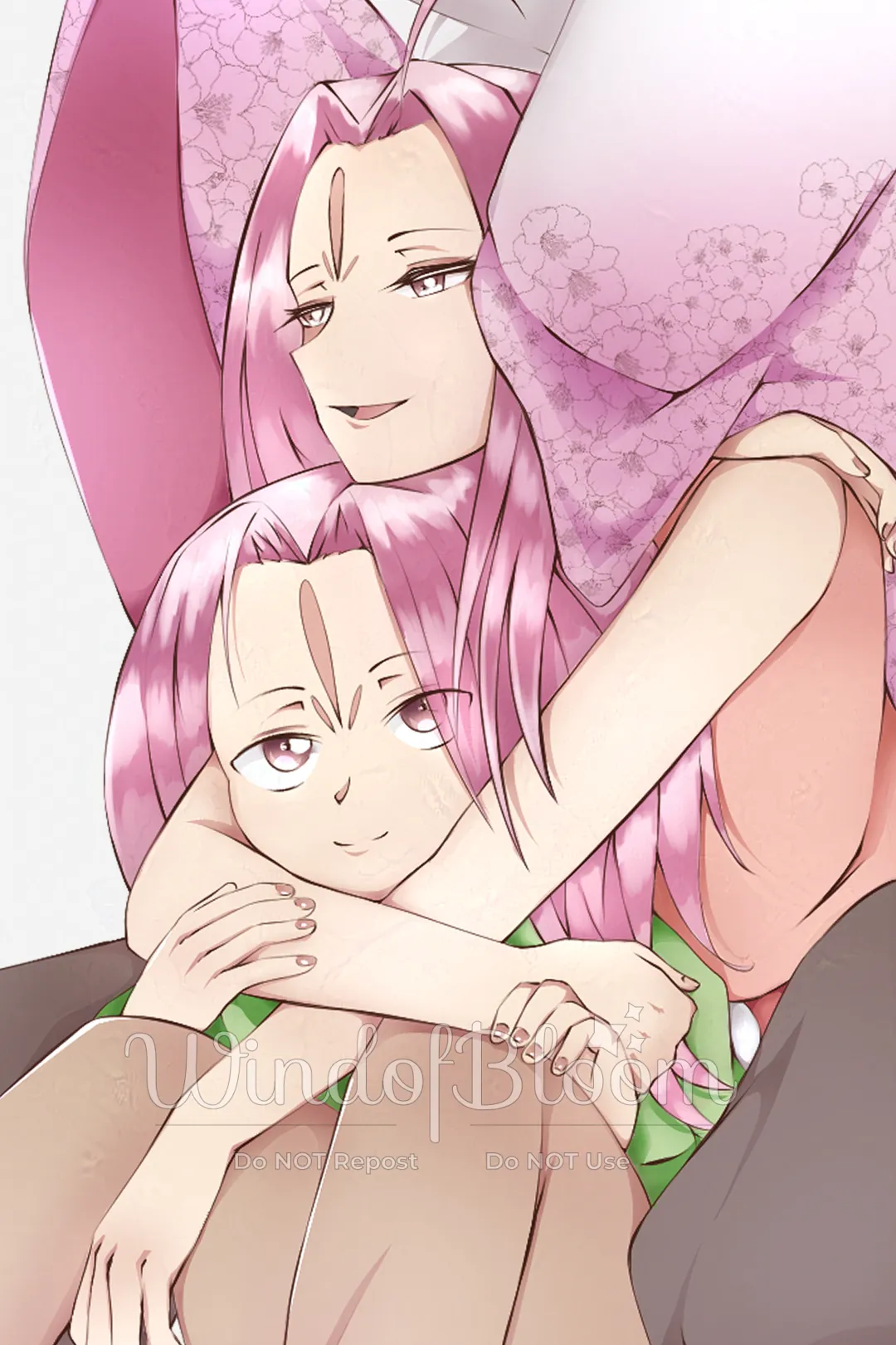 Digital art of a young girl with short pink hair hugginga small version of herself