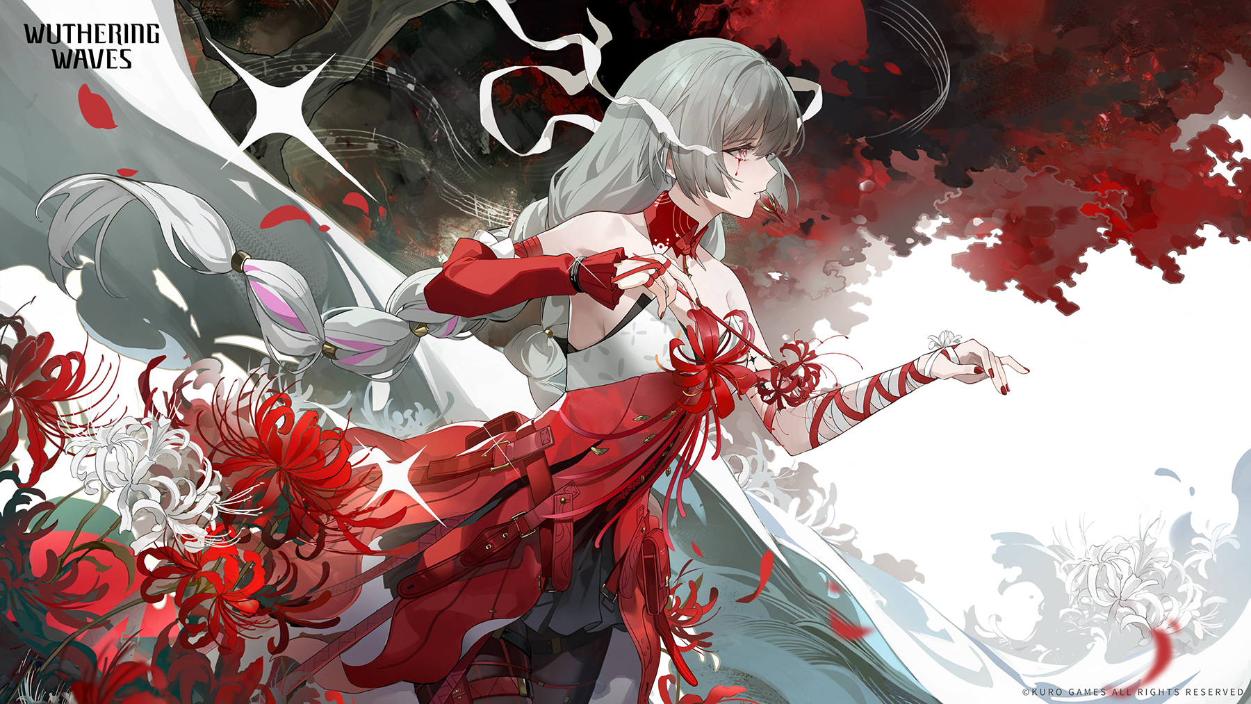 Promotional art from Wuthering Waves featuring the character Phrolova surrounded by music notes and red lilies