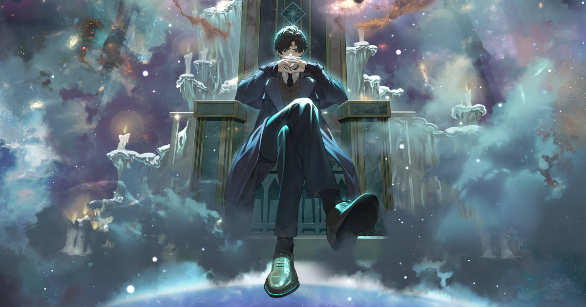 Arte del protagonista de Lord of the Mysteries sentado en un trono.