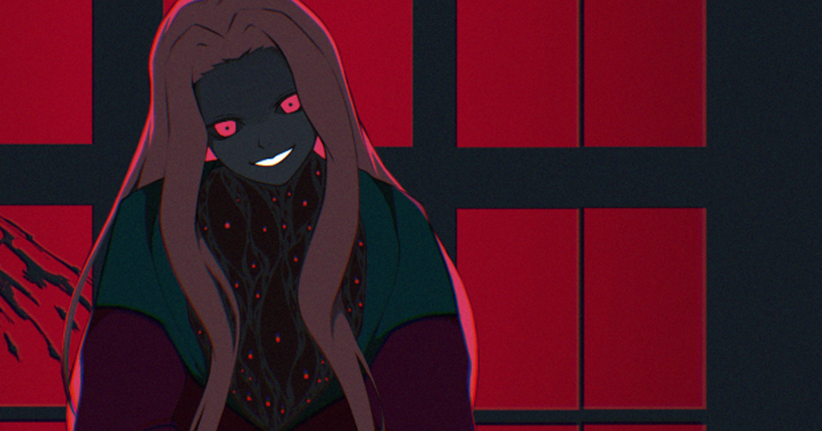 Original drawing of a humanoid creature smiling creepy at the viewer with long red hair, red eyes, and eyes on his chest