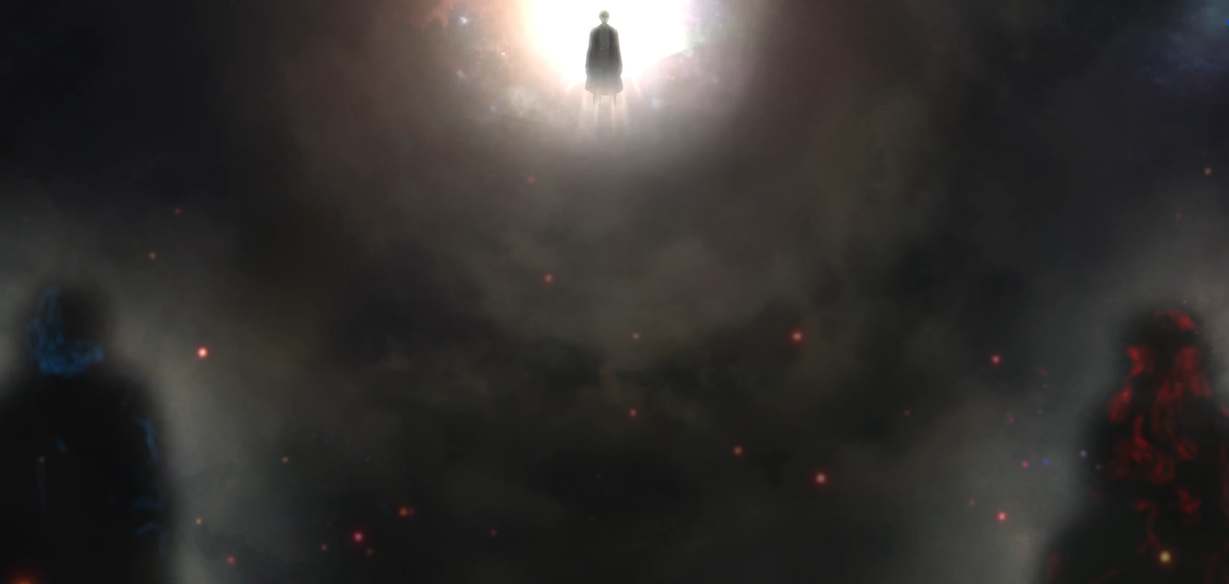 Screenshot del anime Lord of the Mysteries: muestra tres figuras en medio de la bruma