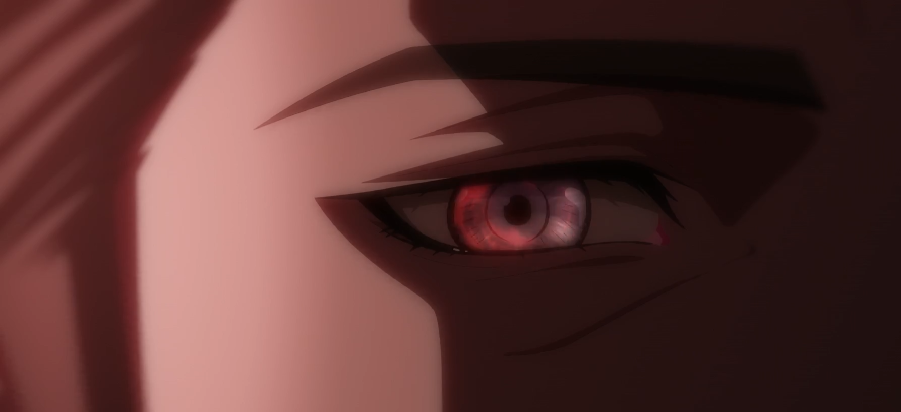 Screenshot del anime Lord of the Mysteries: muestra el ojo del personaje Dust brillando de color rojizo