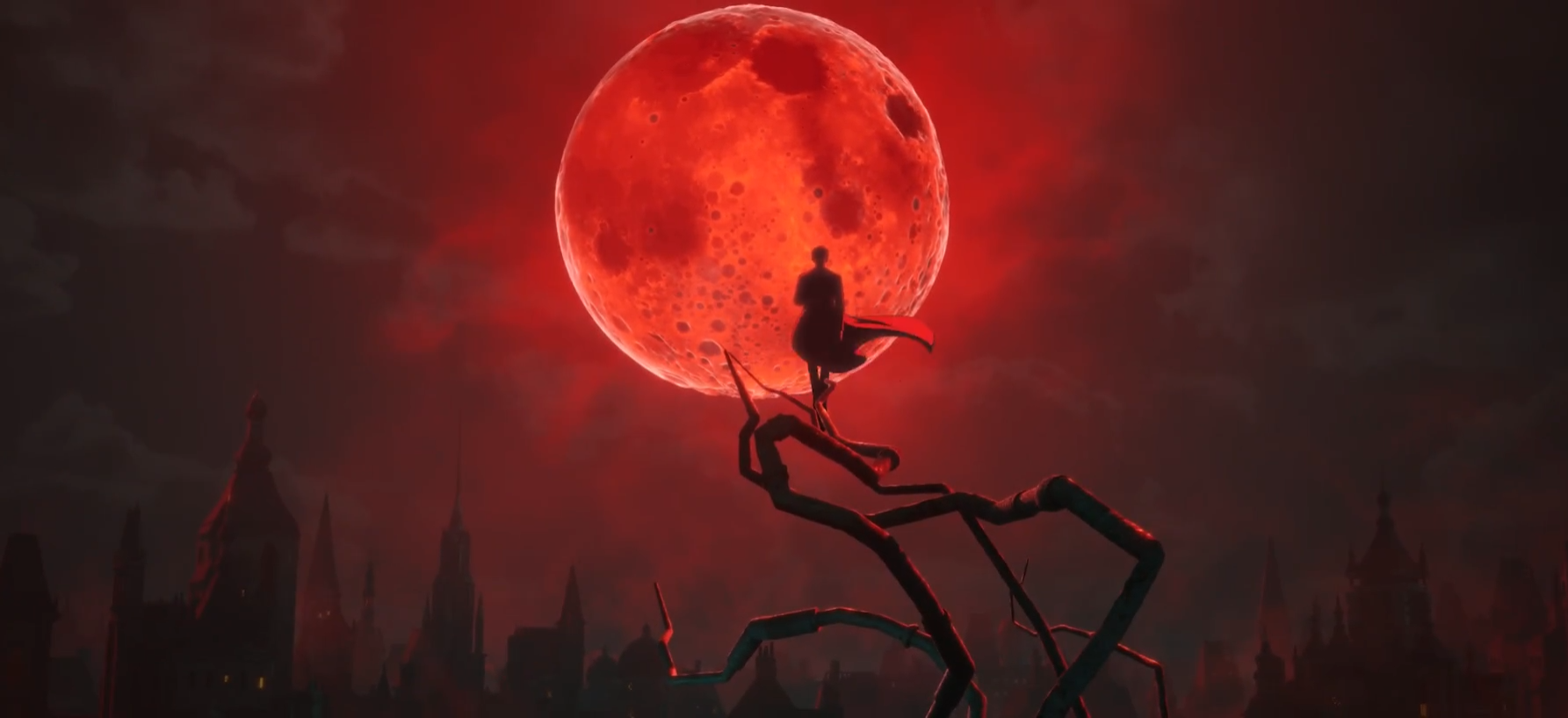Screenshot del anime Lord of the Mysteries: muestra una luna llena de color carmesí, edificios con tejados en punta y la figura oscurecida de un hombre sobre unas tuberías retorcidas