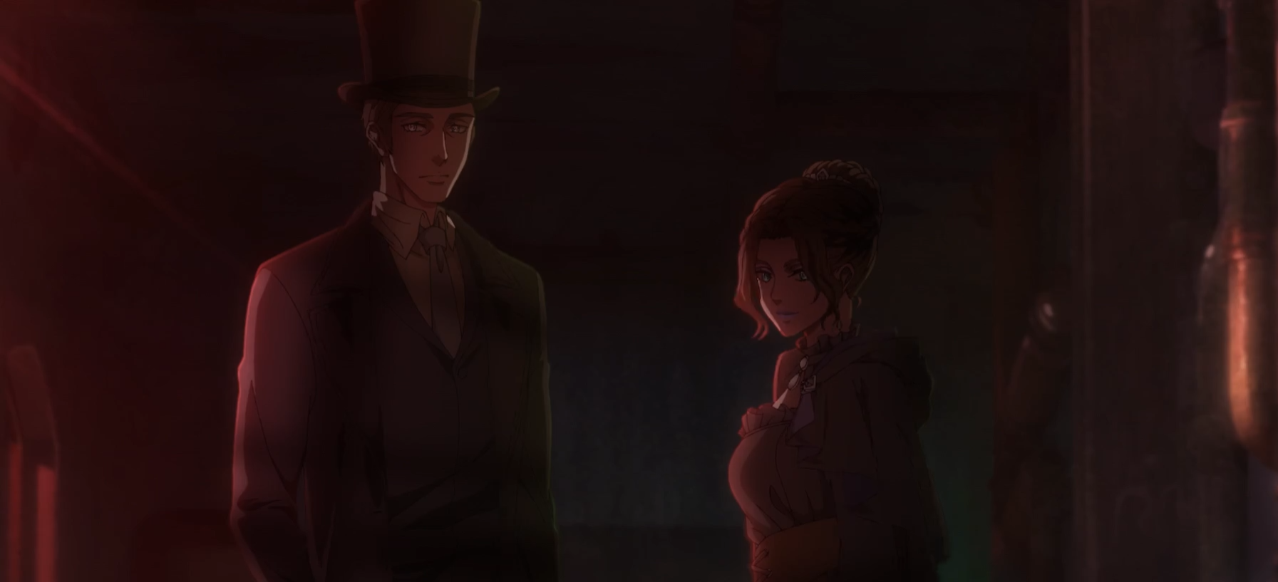 Screenshot del anime Lord of the Mysteries: muestra al personaje de Dust junto a una mujer misteriosa mirando a cámara