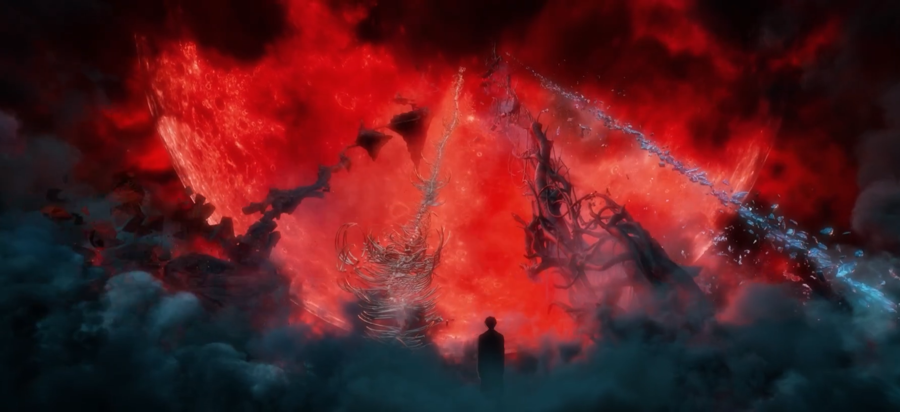 Screenshot del anime Lord of the Mysteries: muestra una luna llena de color rojo carmesí rodeada de bruma y cuatro construcciones que parecen caminos apuntando hacia esta