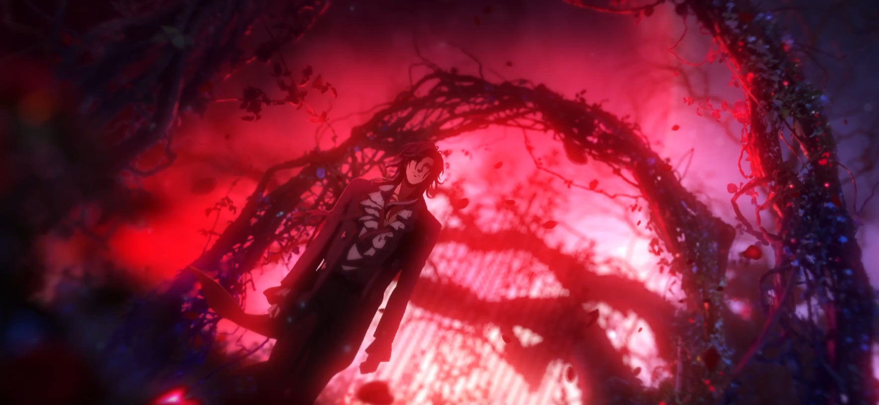 Screenshot del anime Lord of the Mysteries: muestra un escenario carmesí inclinado con un joven atractivo